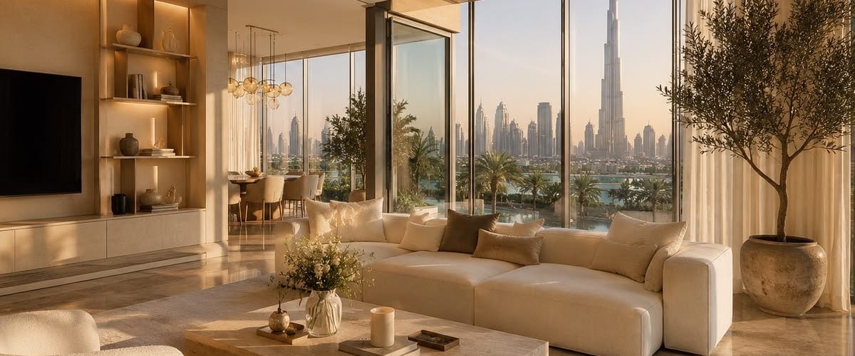 Managed living room styled for arrival, overlooking the Burj Khalifa