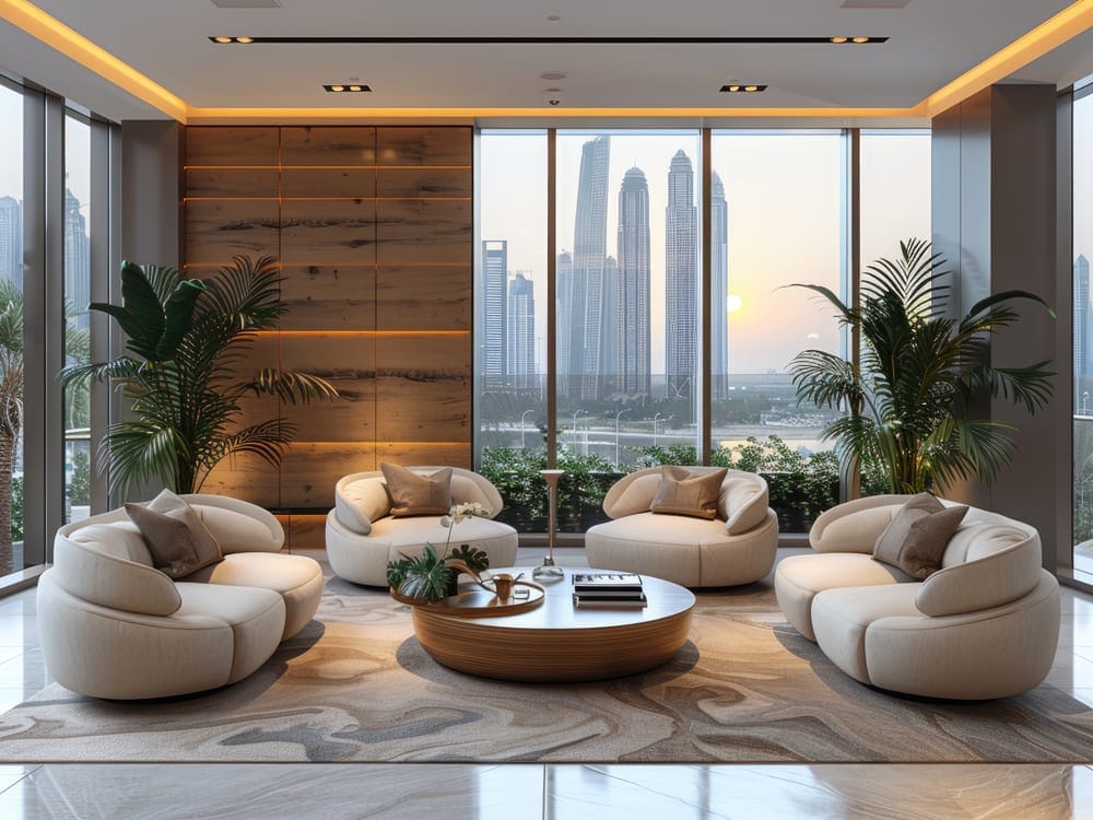 Private lounge with curved cream sofas and a Dubai skyline view